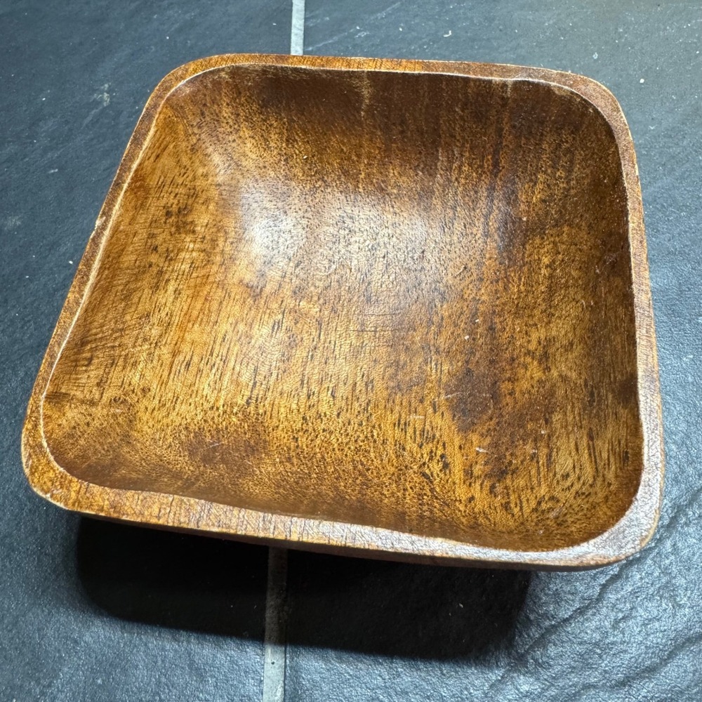 Vintage Hand Carved Acacia Wood Square Bowl Rustic Small Catch All Dish 6x2